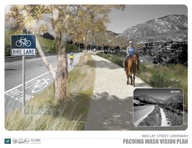 Example of a rendering by Mia Lehrer and Associates showing the proposed Maclay Street Greenway.